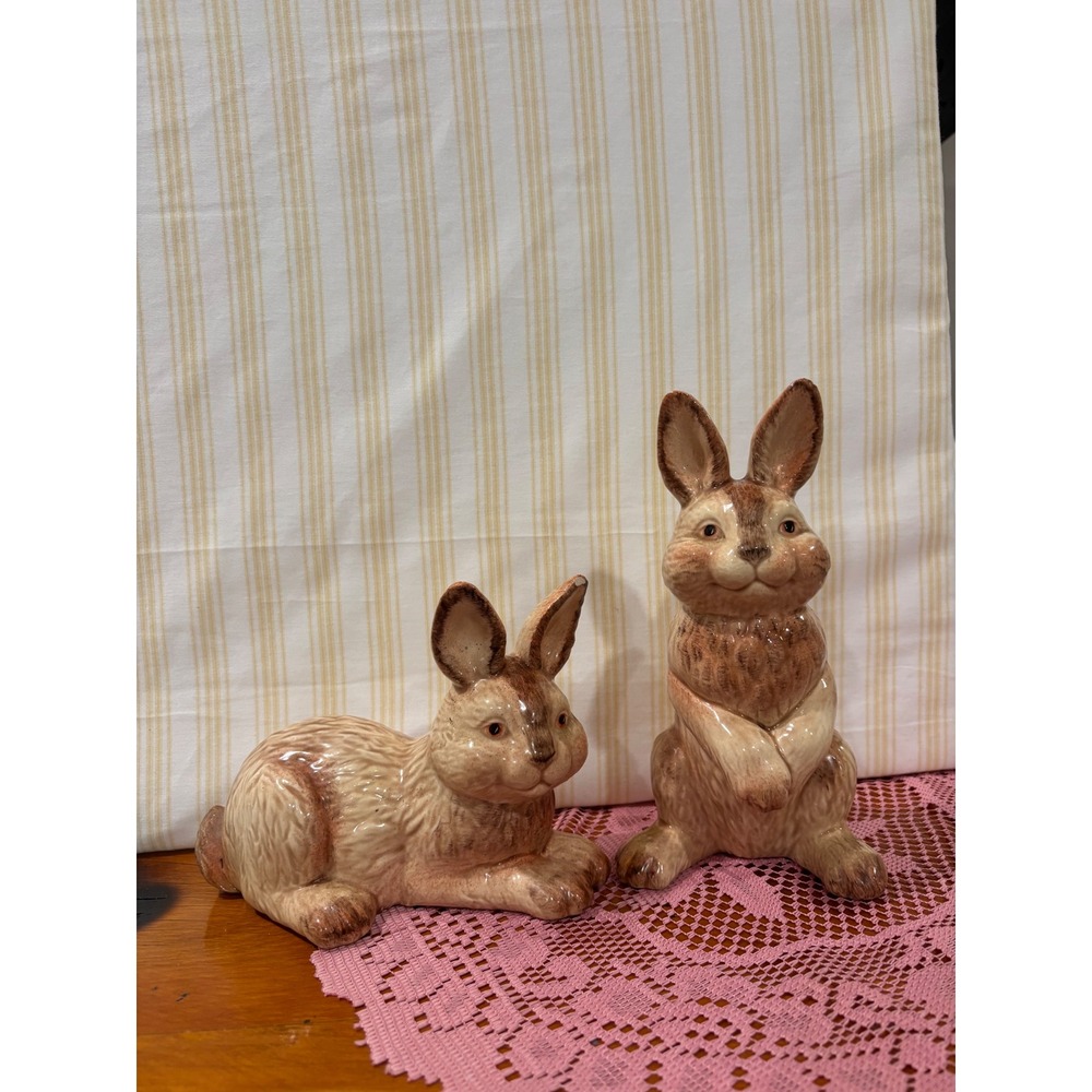 Vintage Beulah Zielske Hand Painted Ceramic Rabbit Figurines Set of 2 Brown Tan